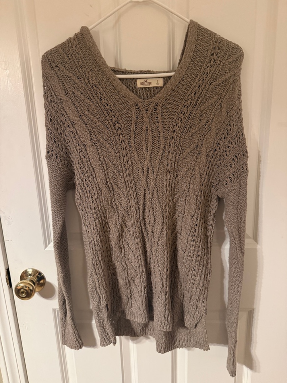 Hollister Taupe Open-Stitch Cable V-Neck Sweater